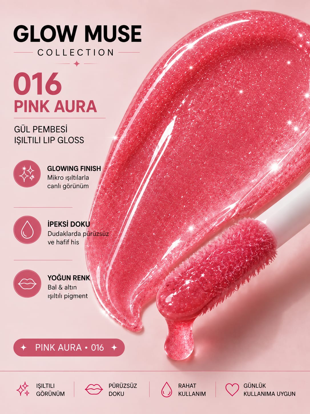 Pink Aura 016 | Nude Baby Pink Işıltılı Lip Gloss - Cam Gibi Parlak Görünüm