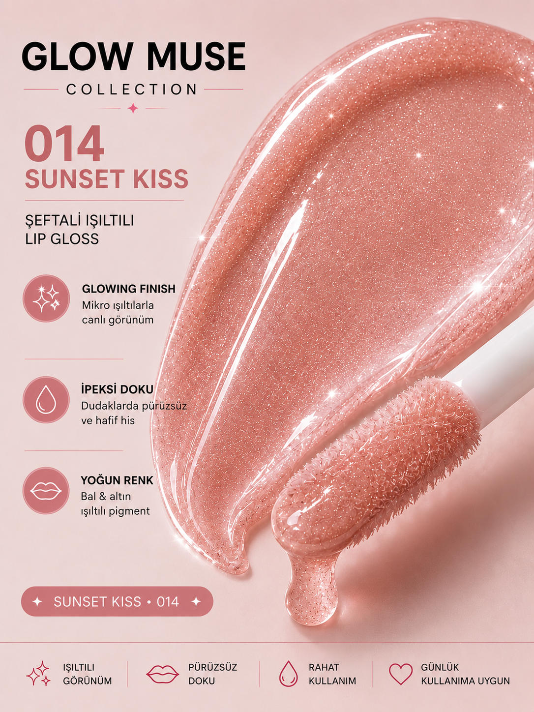 Sunset Kiss 014 | Nude Şeftali Işıltılı Lip Gloss - Cam Gibi Parlak Görünüm
