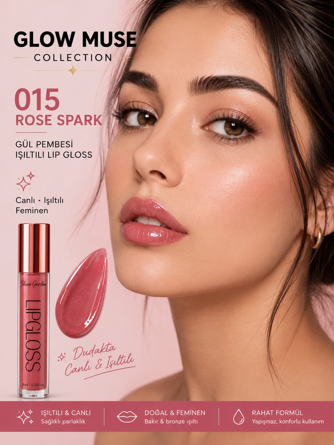 Rose Spark 015 | Nude Gül Pembesi Işıltılı Lip Gloss - Cam Gibi Parlak Görünüm