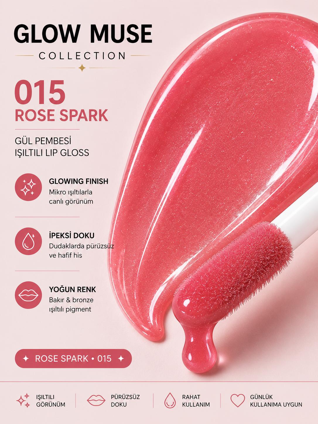 Rose Spark 015 | Nude Gül Pembesi Işıltılı Lip Gloss - Cam Gibi Parlak Görünüm