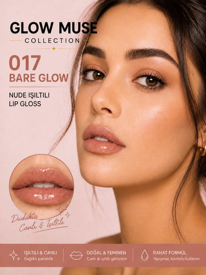 Bare Glow 017 | Doğal Nude Işıltılı Lip Gloss - Cam Gibi Parlak Görünüm