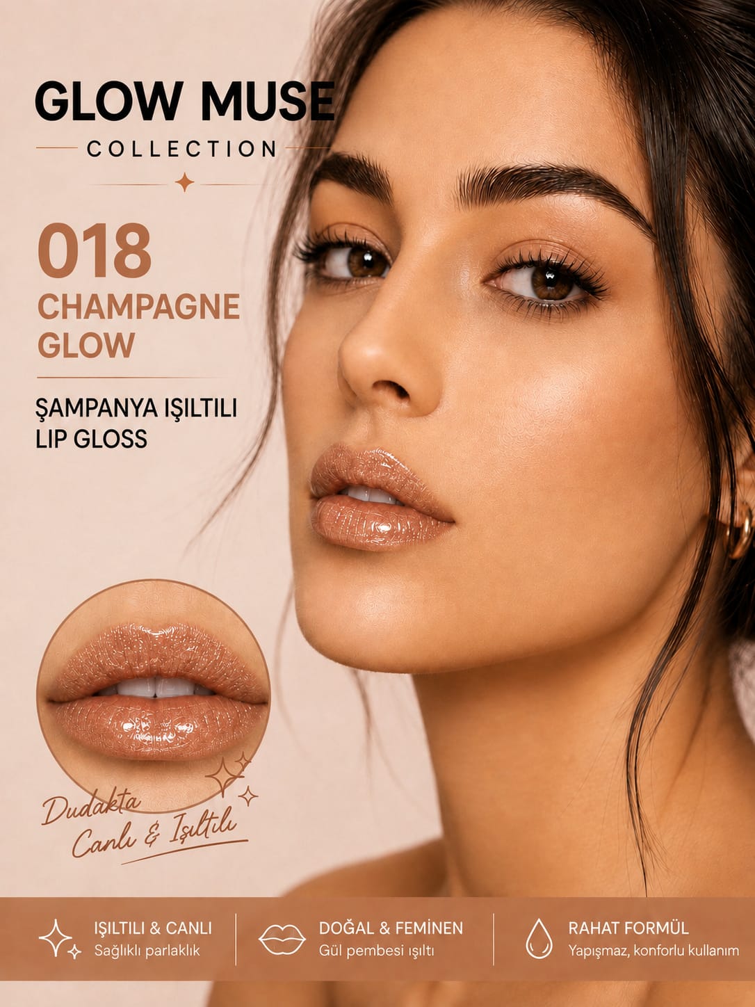 Champagne Glow 018 | Nude Şampanya Işıltılı Lip Gloss - Dudaklarda Cam Gibi Parlaklık