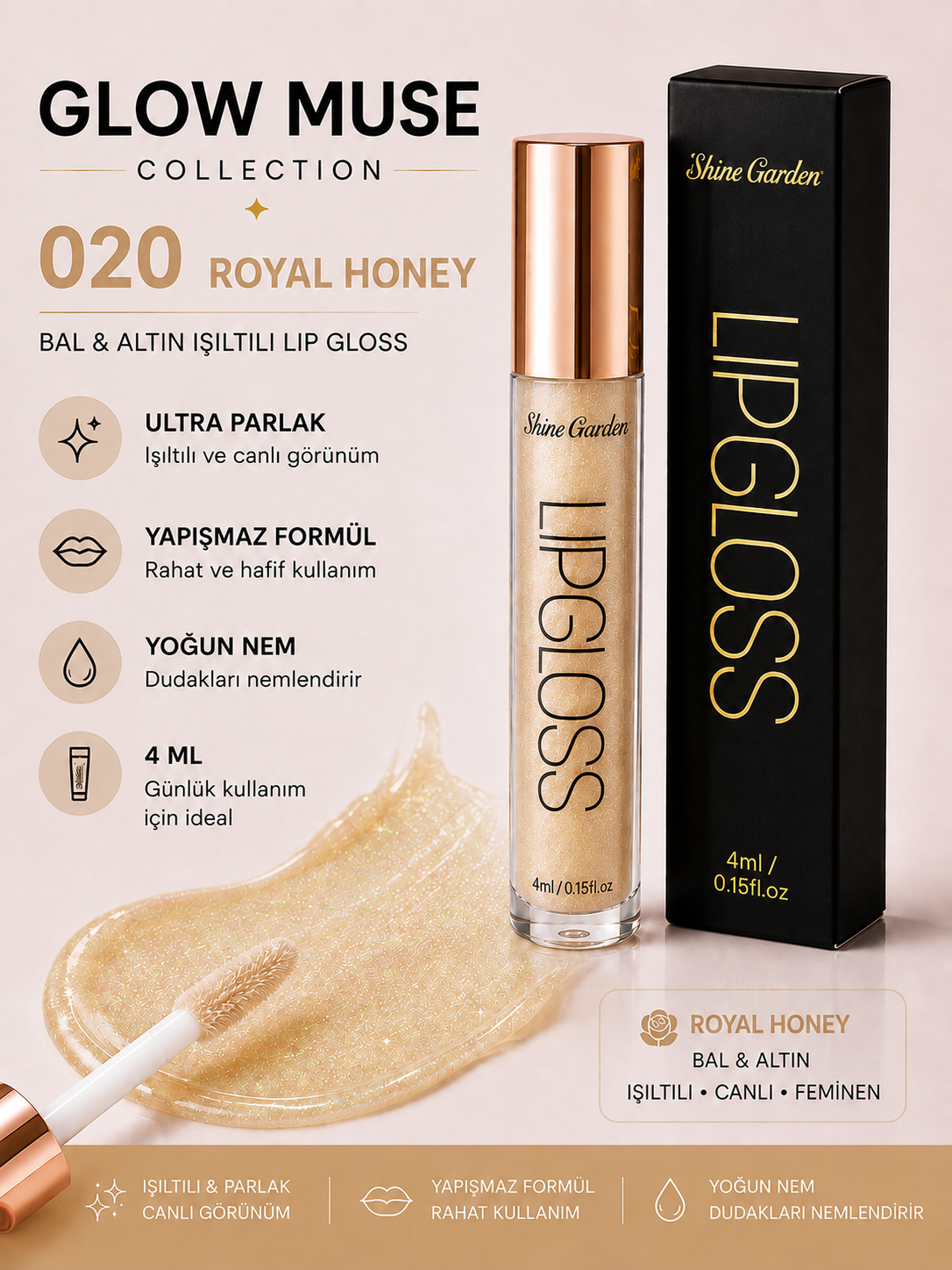 Royal Honey 020 | Bal & Altın Işıltılı Lip Gloss - Cam Gibi Parlak Görünüm