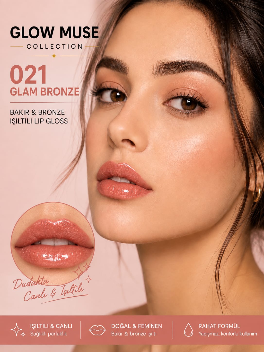 Glam Bronze 021 | Bakır & Bronz Işıltılı Lip Gloss - Cam Gibi Parlak Görünüm