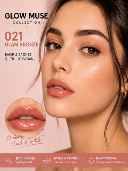 Glam Bronze 021 | Bakır & Bronz Işıltılı Lip Gloss - Cam Gibi Parlak Görünüm