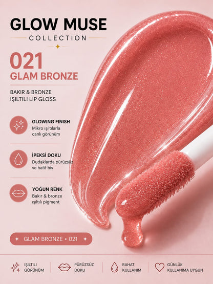 Glam Bronze 021 | Bakır & Bronz Işıltılı Lip Gloss - Cam Gibi Parlak Görünüm