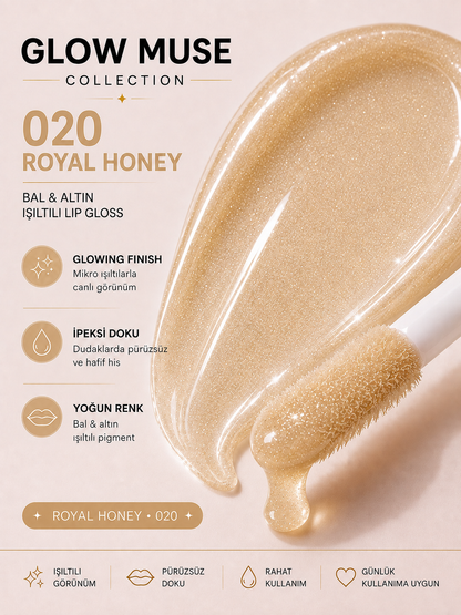 Royal Honey 020 | Bal & Altın Işıltılı Lip Gloss - Cam Gibi Parlak Görünüm