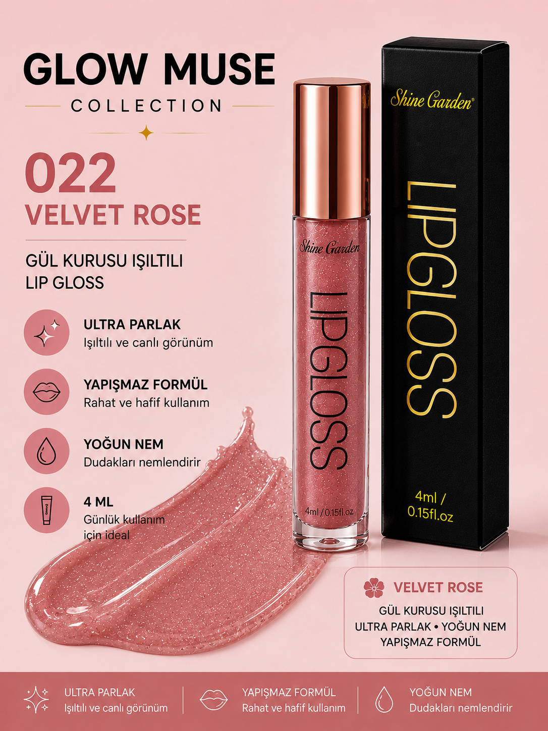Velvet Rose 022 | Gül Kurusu Işıltılı Lip Gloss - Cam Gibi Parlak Görünüm