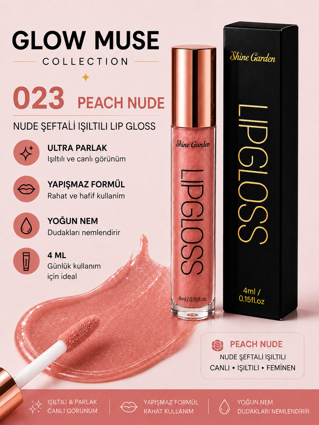 Peach Nude 023 | Şeftali Nude Işıltılı Lip Gloss - Cam Gibi Parlak Görünüm