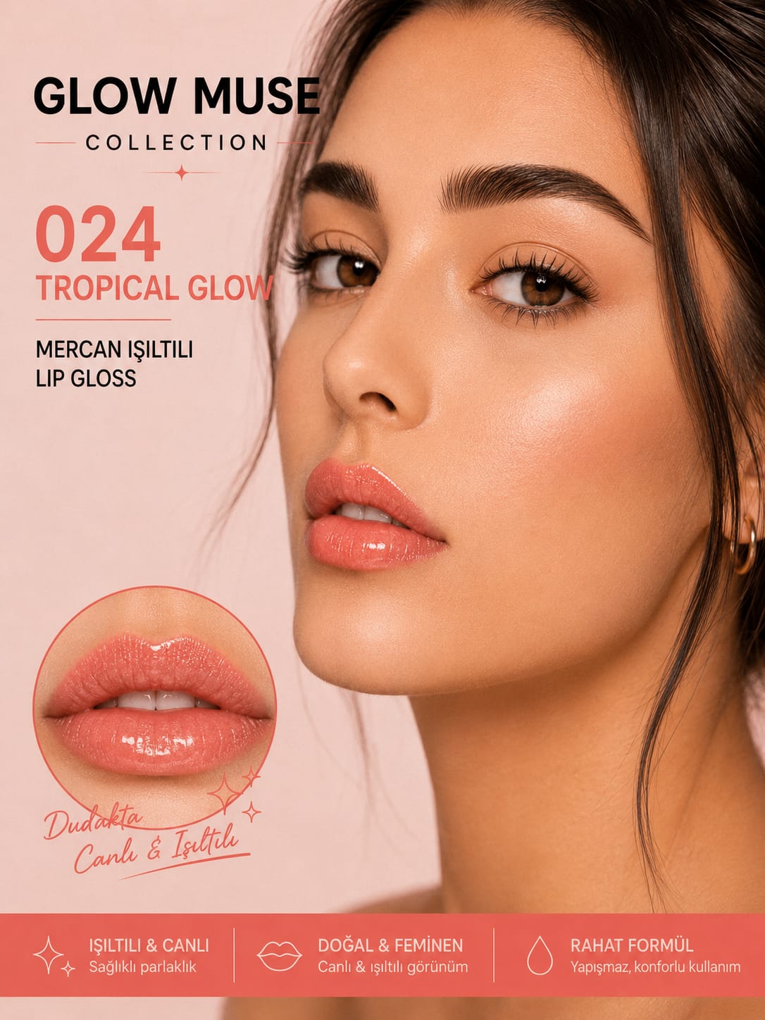 Tropical Glow 024 | Nude Mercan Işıltılı Lip Gloss - Cam Gibi Parlak Görünüm
