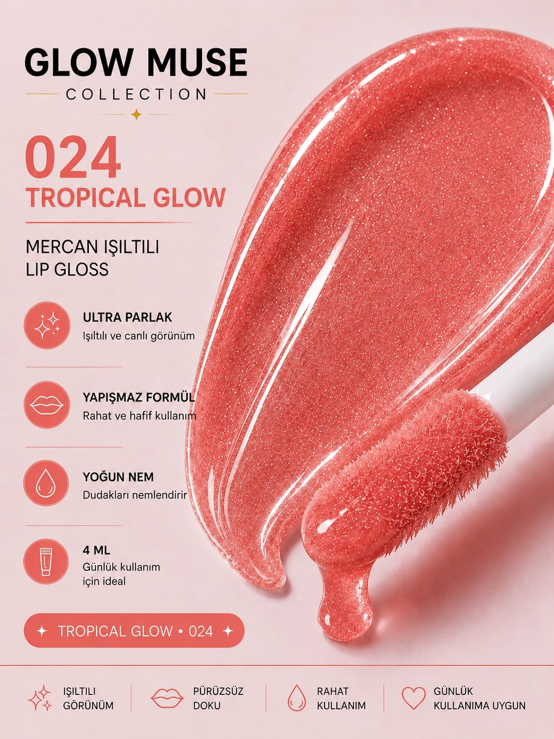 Tropical Glow 024 | Nude Mercan Işıltılı Lip Gloss - Cam Gibi Parlak Görünüm