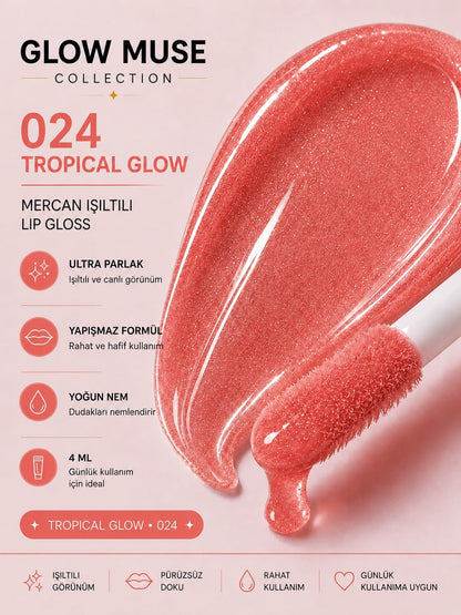 Tropical Glow 024 | Nude Mercan Işıltılı Lip Gloss - Cam Gibi Parlak Görünüm