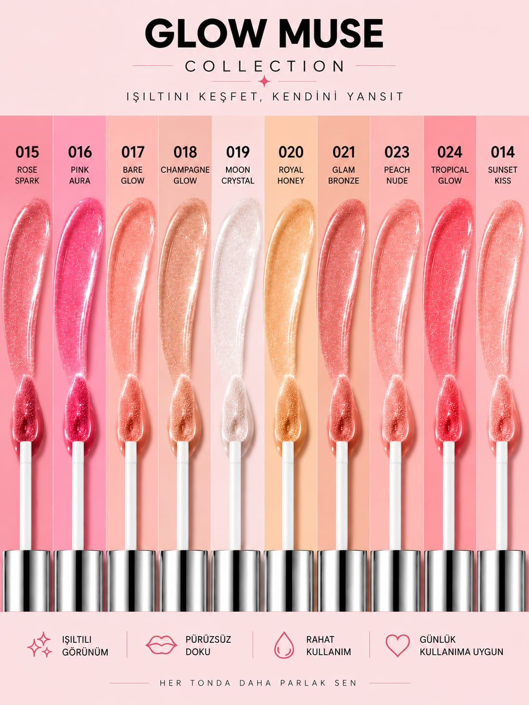 Champagne Glow 018 | Nude Şampanya Işıltılı Lip Gloss - Dudaklarda Cam Gibi Parlaklık